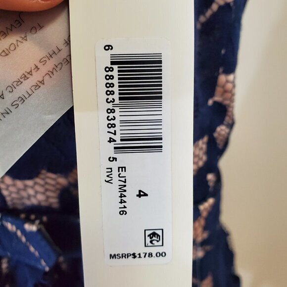 NWT Eliza J Navy Lace Illusion dress Fit & Flare Belted Cocktail sleeveless Sz 4 - Picture 5 of 16